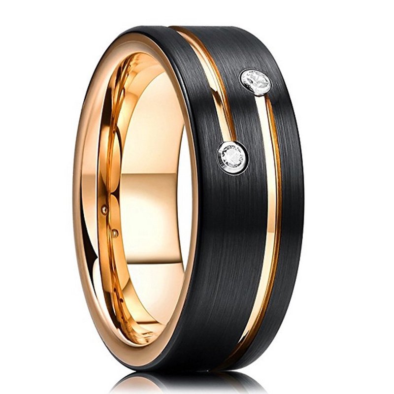 Flat Edge Comfort Fit Men's 8mm Thin Rose Glod Groove Black Brushed Tungsten Carbide Ring